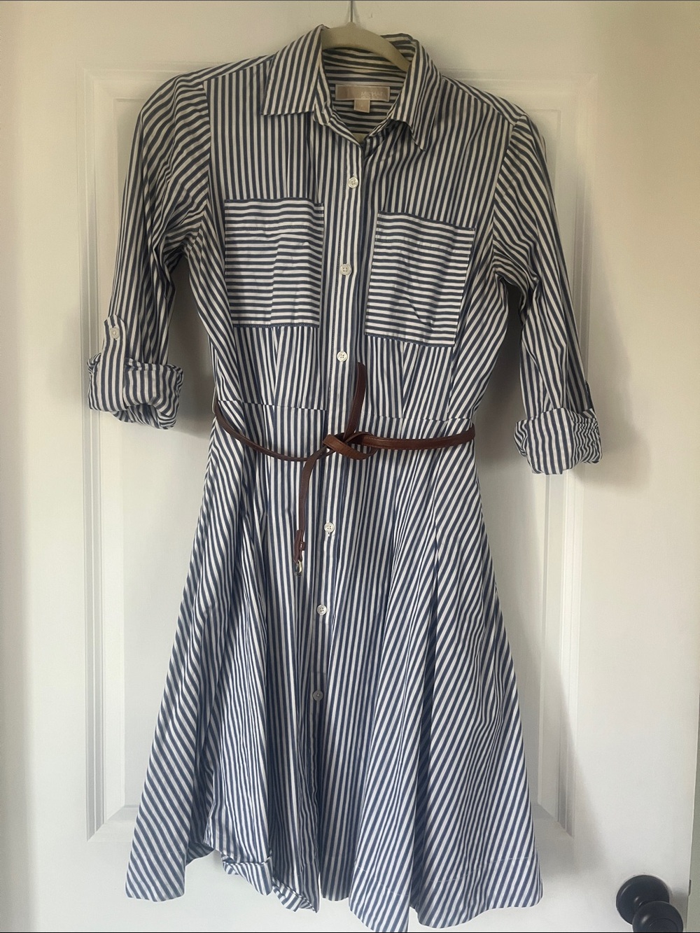 MICHAEL Michael Kors Navy and White Striped Midi Shirt Dress